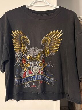 Vintage 90s Rolling Thunder Eagle Motorcycle Cropped Graphic Tee Extra Large